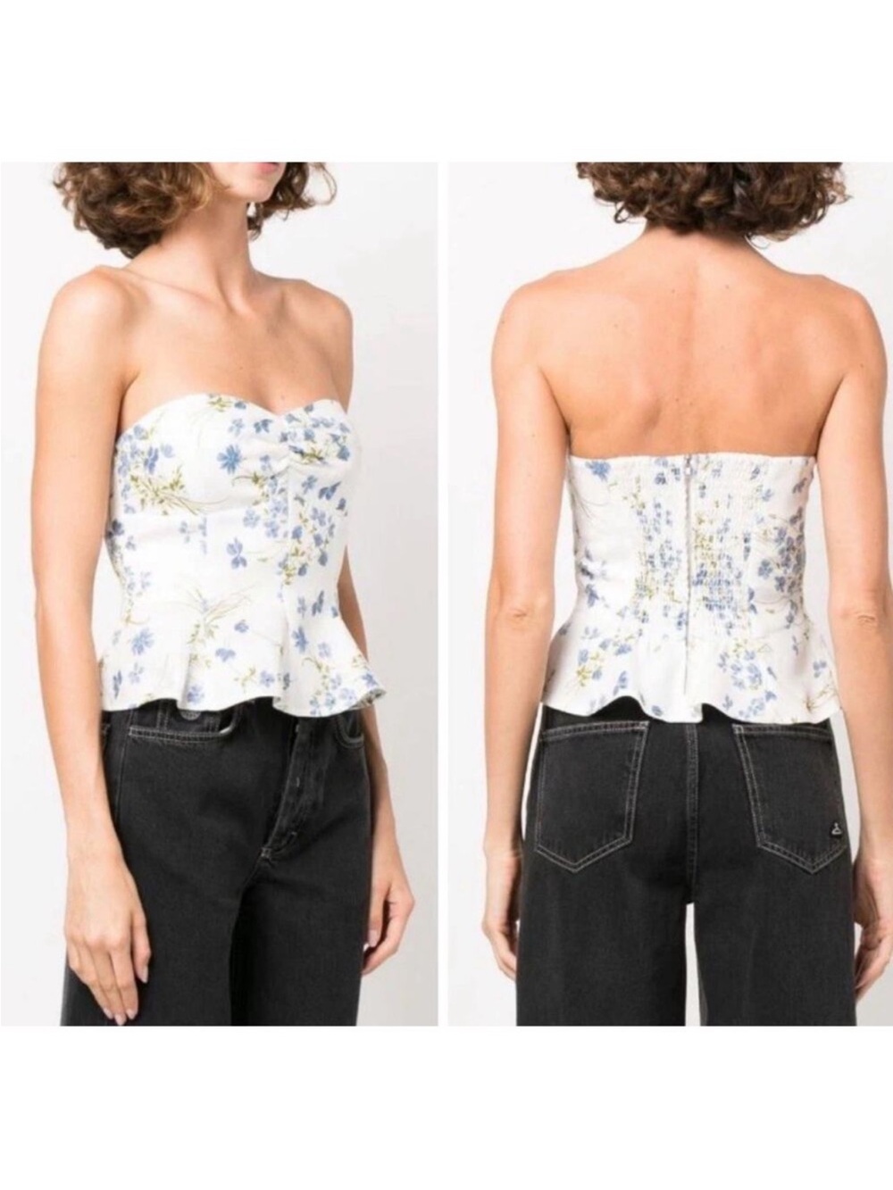Reformation Diana Strapless Floral Peplum Top